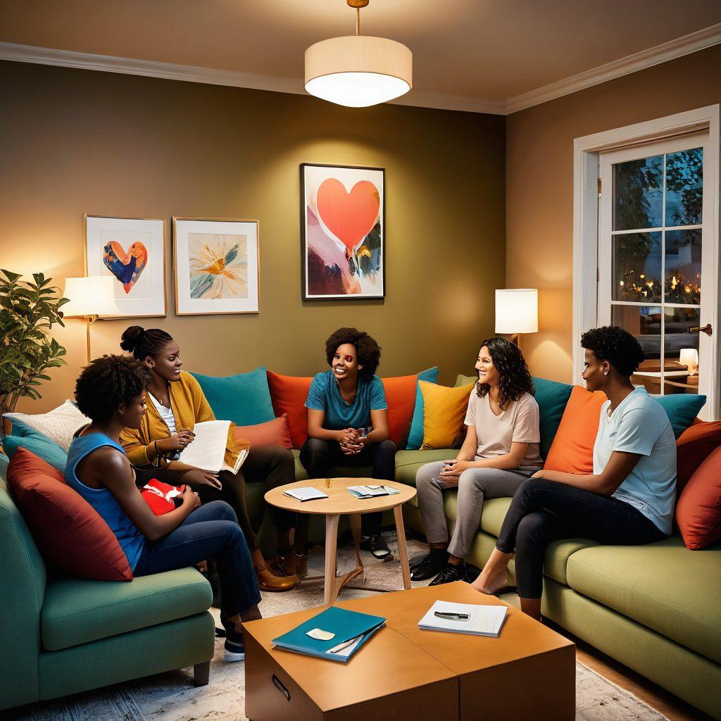 A warm, inviting scene depicting a diverse group of people sharing stories, emphasizing emotional connection and trust, with insurance documents and heart symbols subtly integrated into the background. Include elements like cozy home settings and vibrant expressions to convey security and love. super-realistic. vibrant colors. soft background.