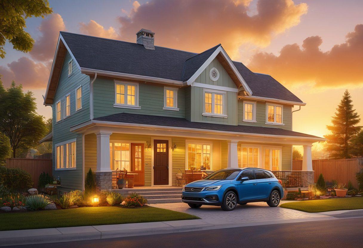 A cozy family home surrounded by a protective shield made up of various symbols representing insurance (like a house, car, health, and travel). A warm sunset in the background, signifying security and peace of mind. Children playing in the yard as calm weather prevails, adding a sense of stability and happiness. Friendly insurance agents providing guidance, showcasing trust and professionalism. vibrant colors. super-realistic.